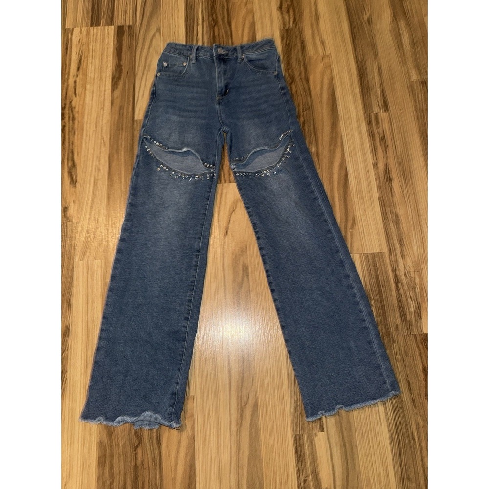 Tractr Jeans Girls 12 Raw Edge Rhinestones‎ Distressed Denim Raw Hem